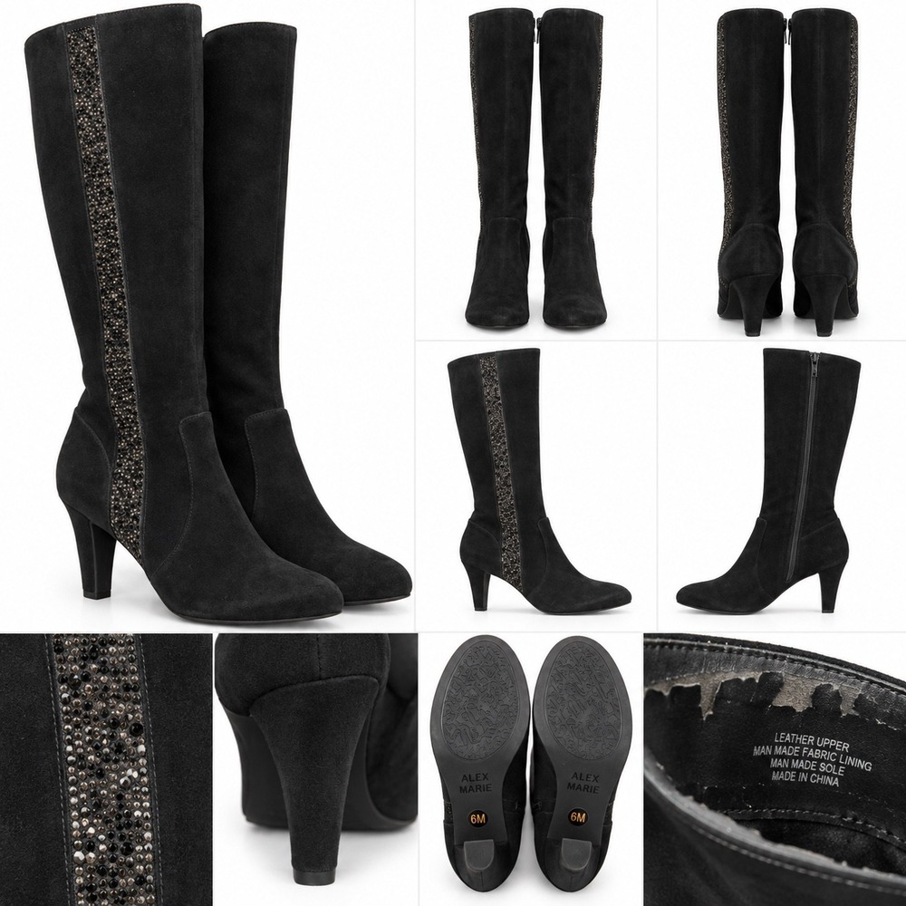 Black Suede Knee High Rhinestone Boots Heeled Glam Dressy Y2K Size 6M Leather
